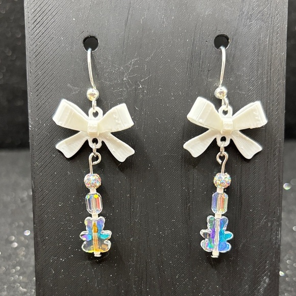 Handmade Jewelry - White Bow & Iridescent Glass Teddy Bear Dangle Earrings